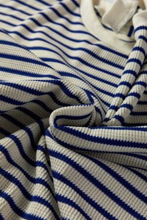Blue Stripe Textured Elbow Patched Crew Neck Drop Shoulder Sweatshirt - Image 8