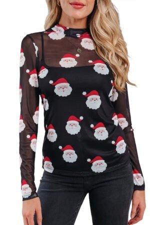 Black Christmas Fashion Print Slim Fit Long Sleeve Top - Image 16