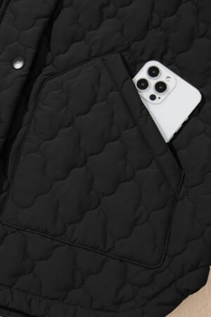 Black Flower Shape Quilted Snap Button Zip Up Winter Vest - Image 7
