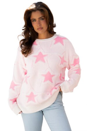 Sachet Pink Oversized Cute Star Pattern Ribbed Edge Drop Shoulder Sweater - Image 17