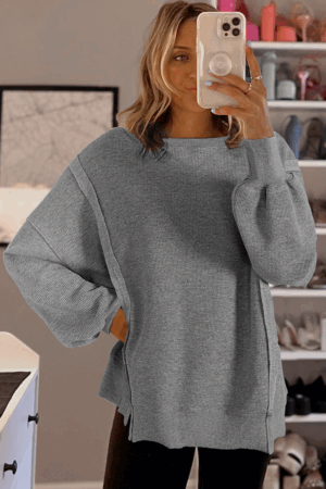 Gray Waffle knit Bishop Sleeve Split Oversized Top - Image 5