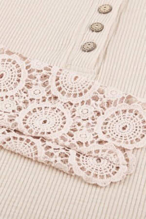 Beige Crochet Lace Hem Sleeve Button Top - Image 8