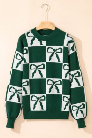 Blackish Green Checkered Bow Print Casual Sweater - Image 5