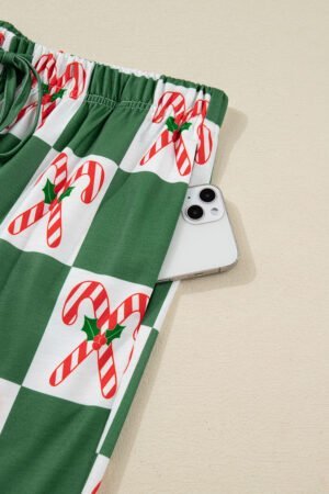 Green Holly Jolly Checkered Pattern 2pcs Long Pajama Set - Image 8
