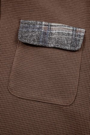 Brown Plaid Patchwork Button Down Drawstring Hooded Shacket - Image 8
