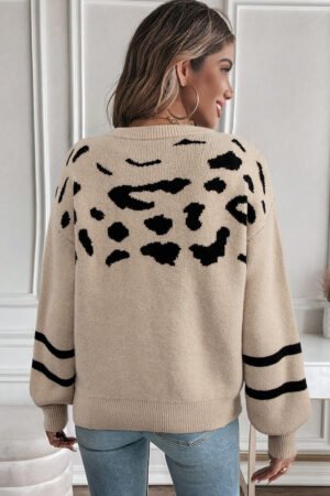 Khaki Leopard Striped Detail Drop Shoulder Sweater - Image 2