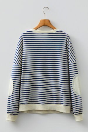 Blue Stripe Textured Elbow Patched Crew Neck Drop Shoulder Sweatshirt - Image 6