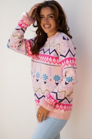 Multicolour Ethnic Christmas Pattern Knit Feather Cuffed Sweater - Image 5