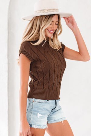 Dark Brown Cable Texture Crew Neck Short Sleeve Sweater Top - Image 13