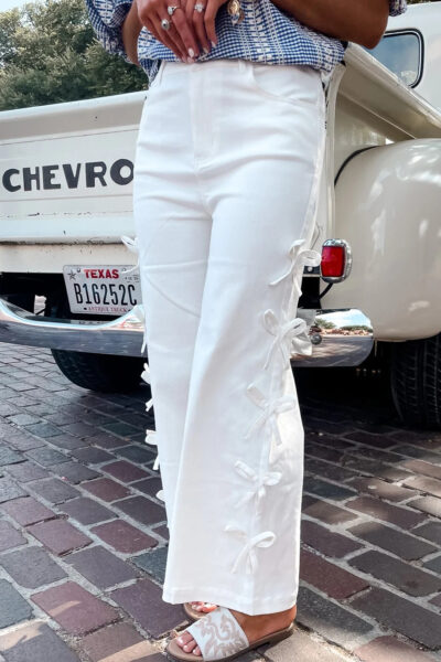 White Bow Knot Side Detail Straight Leg Loose Jeans