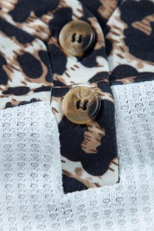 White Leopard Waffle Knit Patchwork Button V Neck Top - Image 8