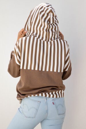 Straw Yellow Waffle Texture Striped Patchwork Button Neck Drawstring Hoodie - Image 4