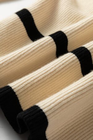 Beige Ribbed Knit Contrasted Stripe Detail Button Side Loose Sweater - Image 8