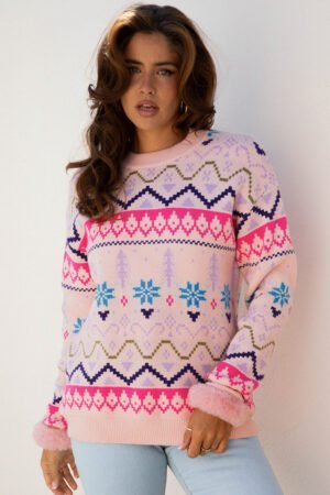 Multicolour Ethnic Christmas Pattern Knit Feather Cuffed Sweater - Image 4