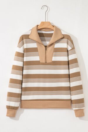 Khaki Stripe Zip Collar Patchwork Vintage Fashion Sweatshirt - Image 3