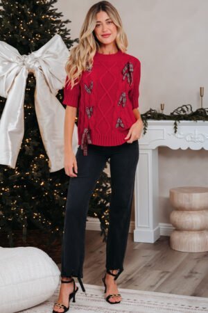 Fiery Red Plaid Lace up Detail Christmas Holiday Puff Short Sleeve Sweater - Image 7