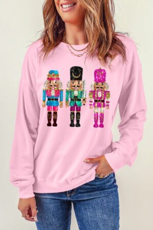 Pink Cute Nutcracker Printed Drop Shoulder Christmas Sweatshirt - Image 4