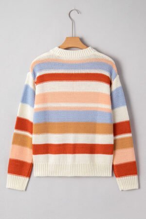 Pink Striped Colorblock Round Neck Drop Shoulder Sweater - Image 6