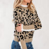 Brown Leopard Pattern Lace Ribbed Detail Button Cuffed Sweater