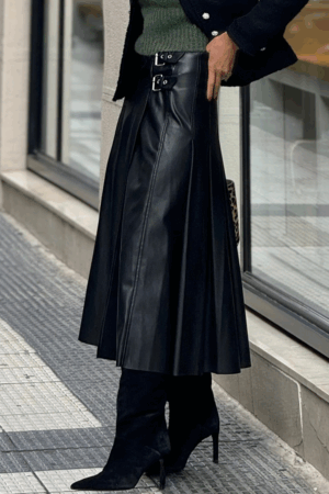 Black Faux Leather Retro Buckle Detail Pleated Stitch Flared Midi Skirt - Image 5