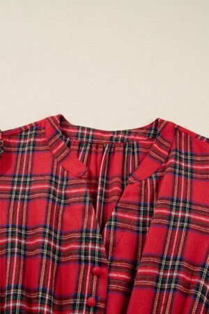 Red Christmas Plaid V Neck 3/4 Sleeve Tie Waist Ruffle Hem Long Dress - Image 3