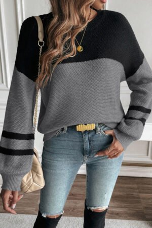Medium Grey Color Block Knit Striped Sleeve Detail Casual Sweater - Image 6