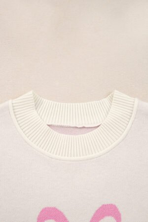 Pink Bow Print Ribbed Trim Exposed Seam Drop Shoulder Loose Sweater - Image 8