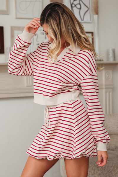 Red Stripe Cropped Collared Drop Shoulder Pullover and Bubble Mini Skirt Set