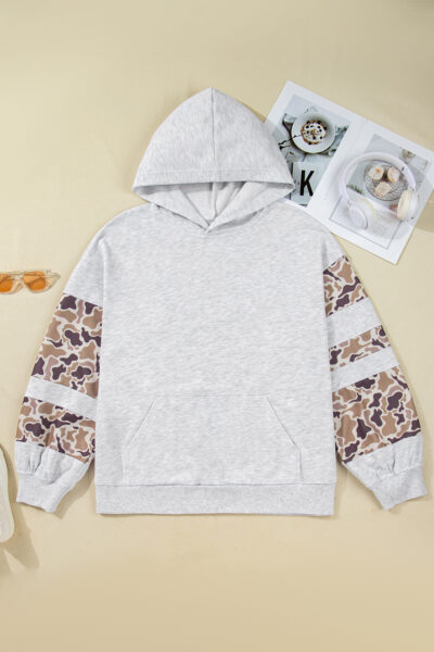 Light Grey Camouflage Patchwork Asymmetric Sleeve Plus Size Hoodie