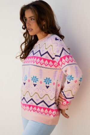 Multicolour Ethnic Christmas Pattern Knit Feather Cuffed Sweater - Image 2