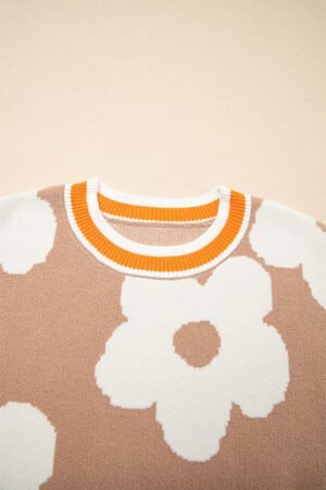 Smoke Gray Big Flower Pattern Contrast Striped Baggy Sweater - Image 5