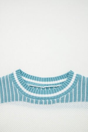 Light Blue Two Tone Striped Patchwork Drop Shoulder Loose Sweater - Image 9