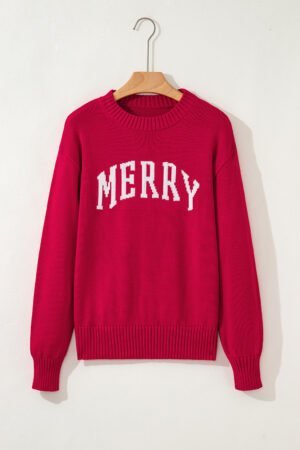 Fiery Red MERRY Letter Pattern Christmas Holiday Baggy Sweater - Image 4
