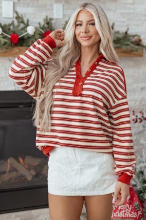 Red Stripe Buttoned V Neck Collared Drop Shoulder Top - Image 13
