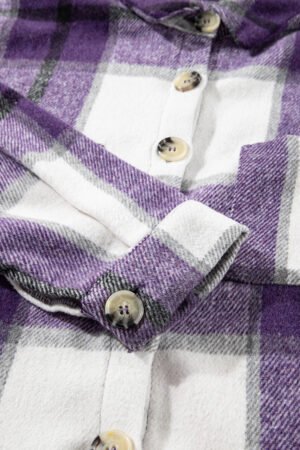 Purple Plaid Color Block Buttoned Long Sleeve Jacket with Pocket - Image 8