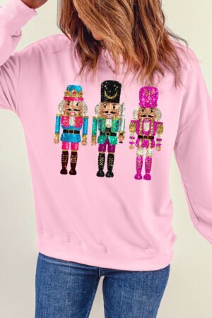 Pink Cute Nutcracker Printed Drop Shoulder Christmas Sweatshirt - Image 5