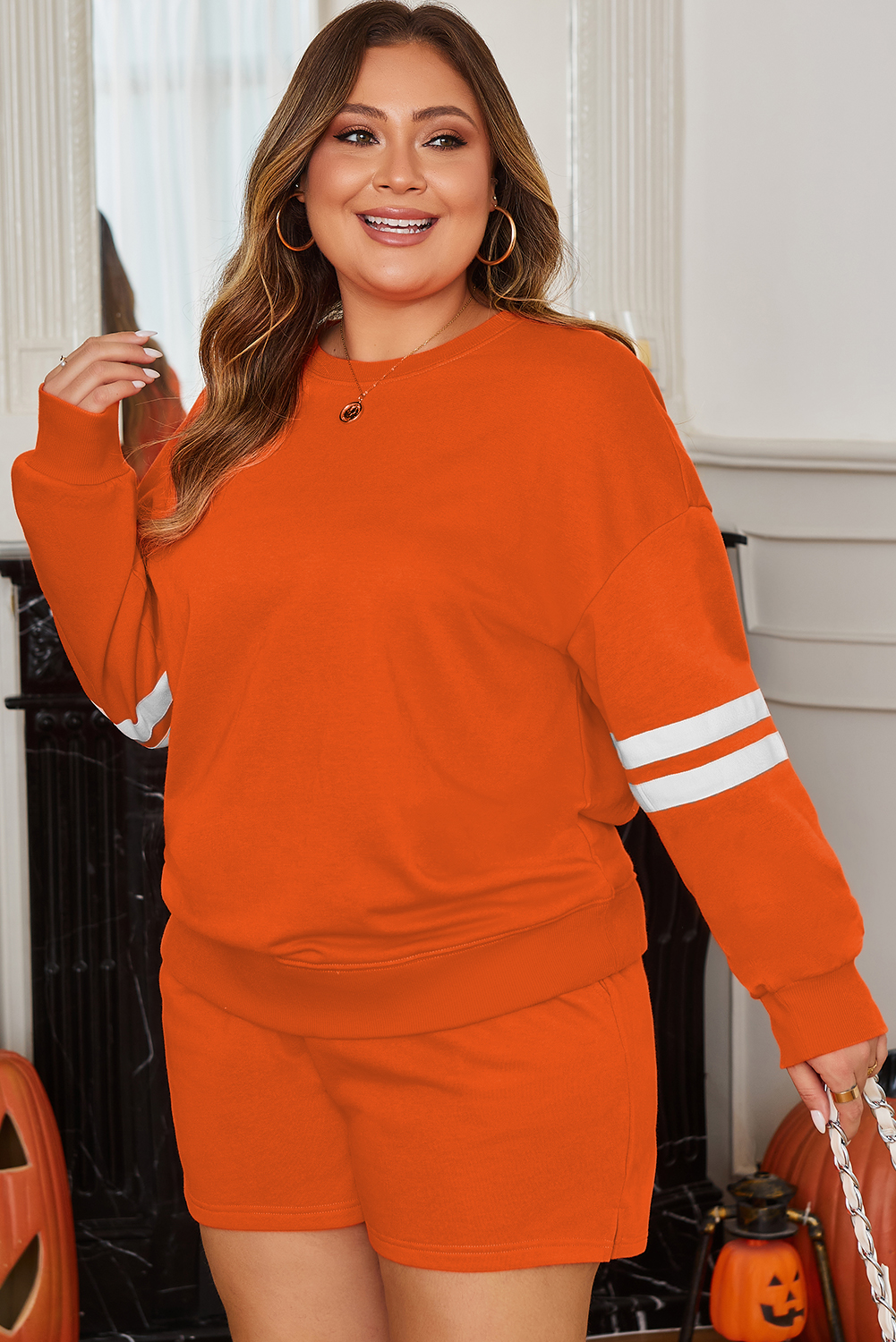 Orange Plus Size Varsity Striped Drop Shoulder Pullover Drawstring Elastic Waistband Short Set Orange Plus Size Varsity Striped Drop Shoulder Pullover Drawstring Elastic Waistband Short Set