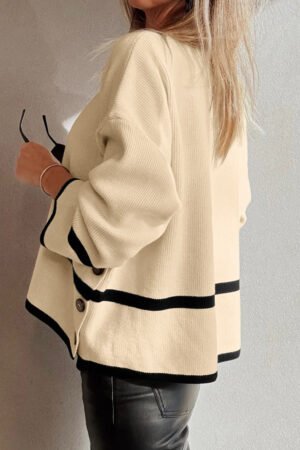 Beige Ribbed Knit Contrasted Stripe Detail Button Side Loose Sweater - Image 3