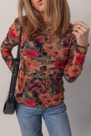 Multicolour Floral Print Lettuce Trim Long Sleeve Mesh Top - Image 5