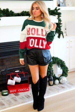 Green Sequined HOLLY JOLLY Color Block Crew Neck Sweater - Image 6