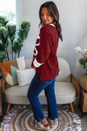 Red Dahlia Cheerful Daisy Flower Patched Round Neck Long Sleeve Top - Image 2