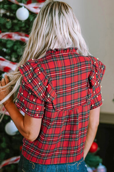 Red Festive Plaid Pearl Embellished Ruffle Short Sleeve Blouse