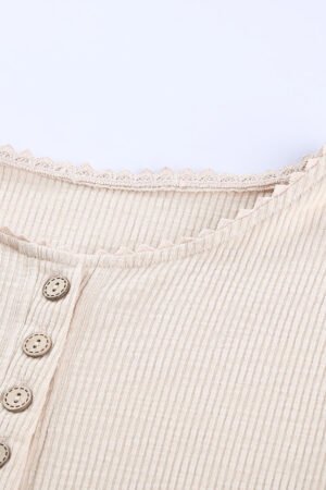 Beige Crochet Lace Hem Sleeve Button Top - Image 6