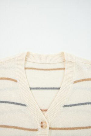 Multicolour Striped Buttoned Front V Neck Drop Shoulder Cardigan Sweater - Image 5