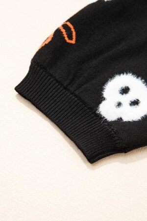 Black Short Puff Sleeve Bow Knot Plush Skeleton Halloween Sweater - Image 7