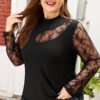 Black Plus Size Lace Patchwork Asymmetric Cutout Sheer Long Sleeve Top
