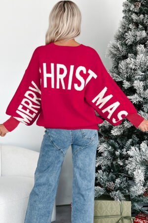 Alternative view of Fiery Red HO HO HO MERRY CHRISTMAS Drop Shoulder Loose Sweater