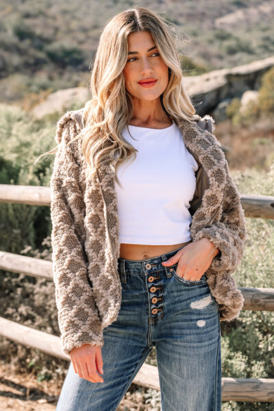 Chestnut Sherpa Rhombus Zip Up Side Pocket Hooded Jacket