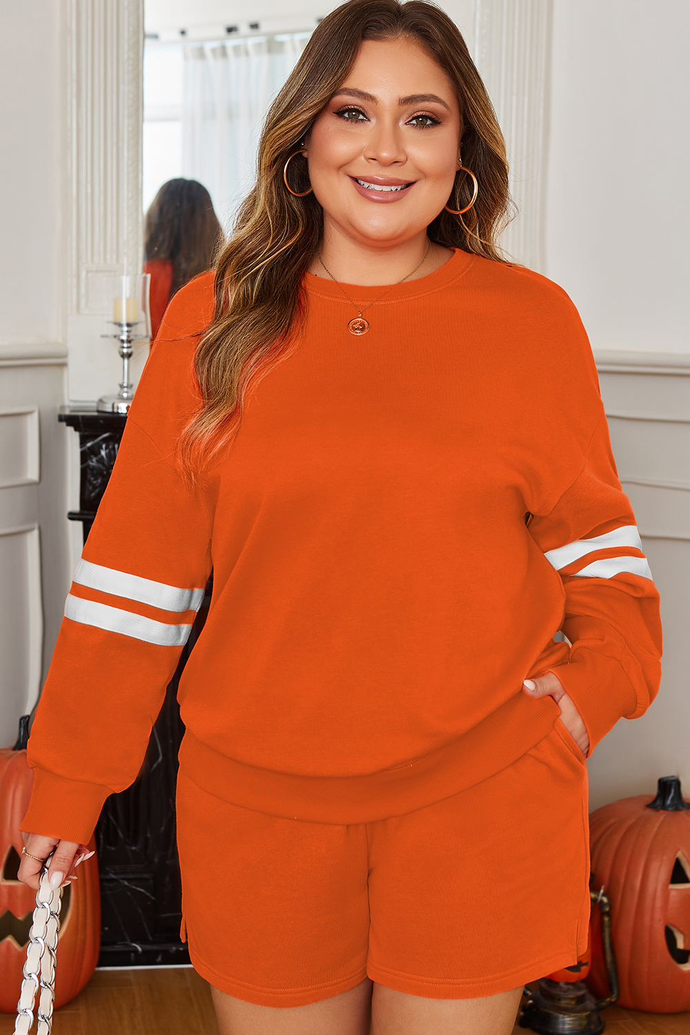 Orange Plus Size Varsity Striped Drop Shoulder Pullover Drawstring Elastic Waistband Short Set Orange Plus Size Varsity Striped Drop Shoulder Pullover Drawstring Elastic Waistband Short Set