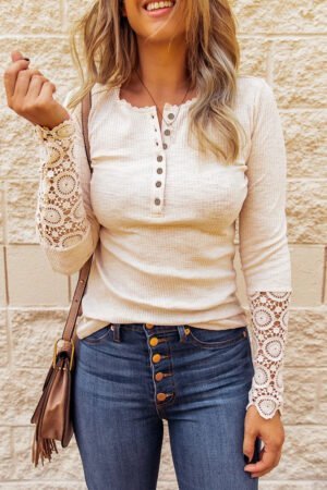 Beige Crochet Lace Hem Sleeve Button Top - Image 4